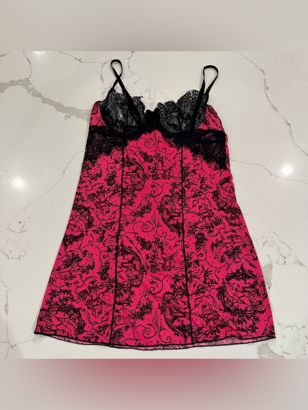 Seven Til Midnight Hot Pink Black Lace Chemise Slip Dress Lingerie M Coquette
